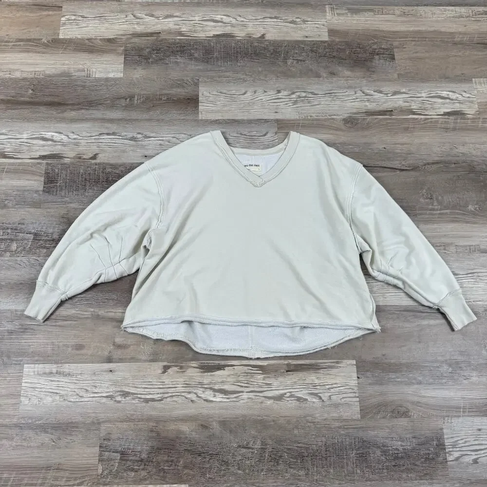 Free People We The Free Cream Oversized Raw Hem Sweatshirt Coastal Boho Small